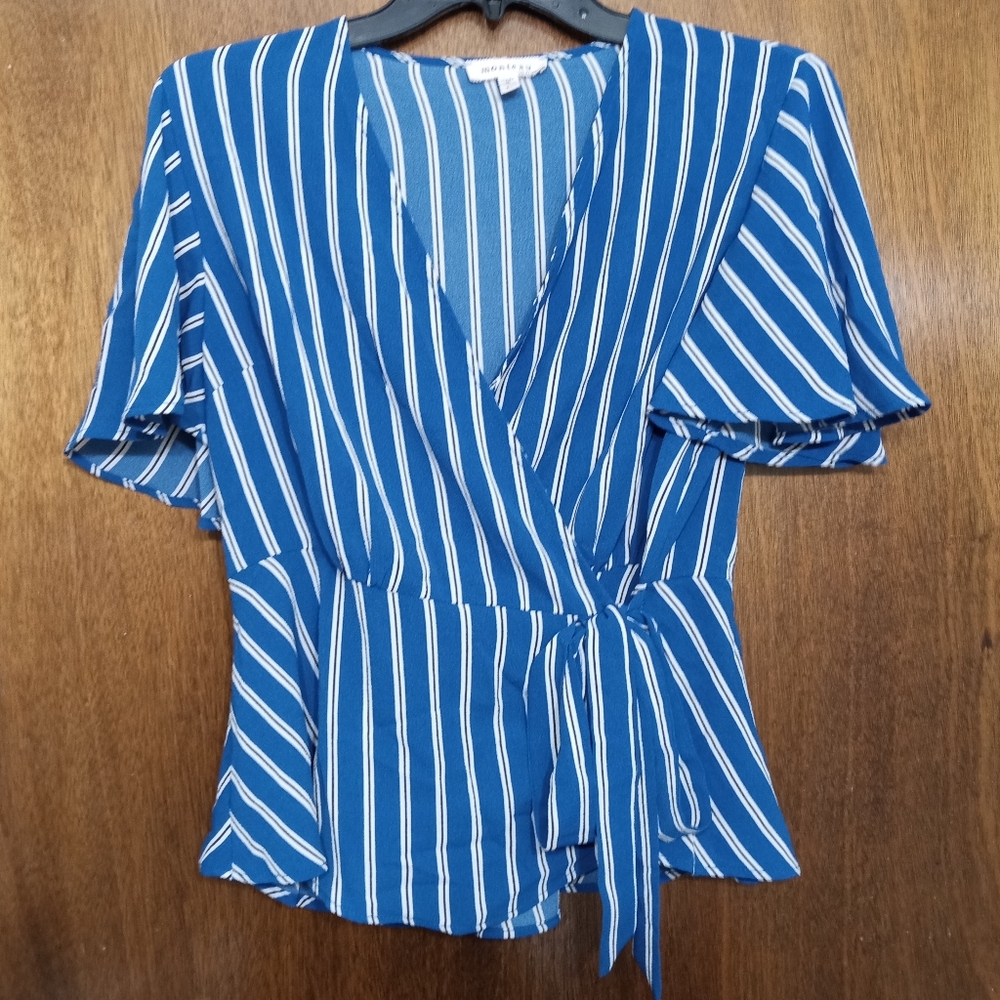Blue Striped Wrap Top Size L